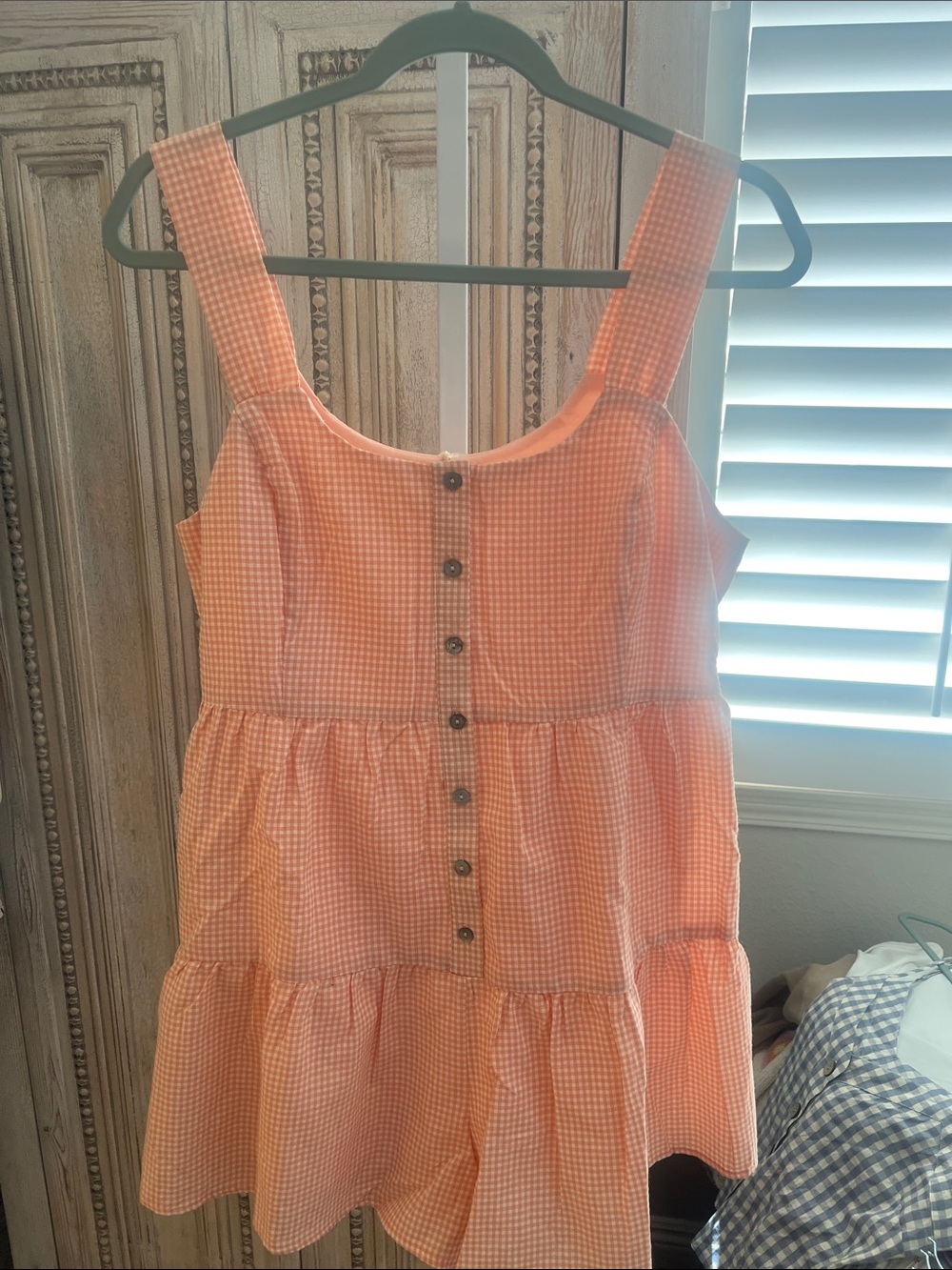 She + Sky Peach and White Gingham Romper with Buttons Front